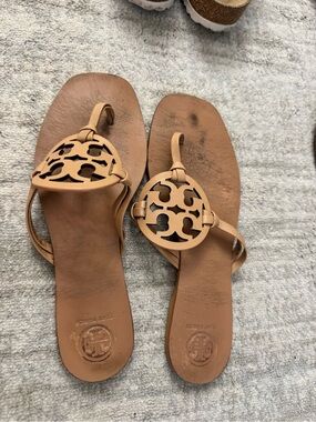 Tory Burch Tan Leather Logo Thong Sandals